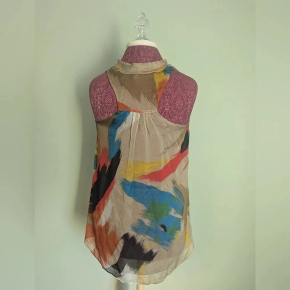 Blue Tassel Tan Silk Blouse, US XS - Picture 3 of 6